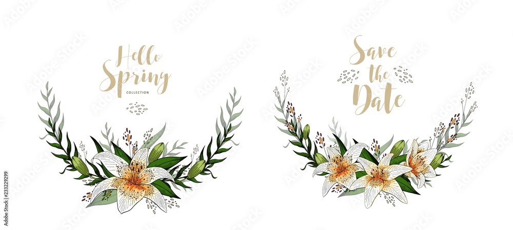 Wedding invitation card floral lily bouquet and lettering