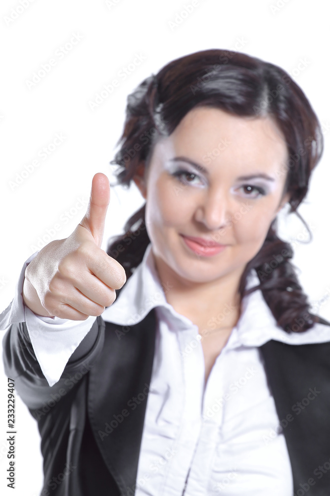 close up.successful business woman showing thumb up.isolated on white close up.successful business woman showing thumb up.isolated on white