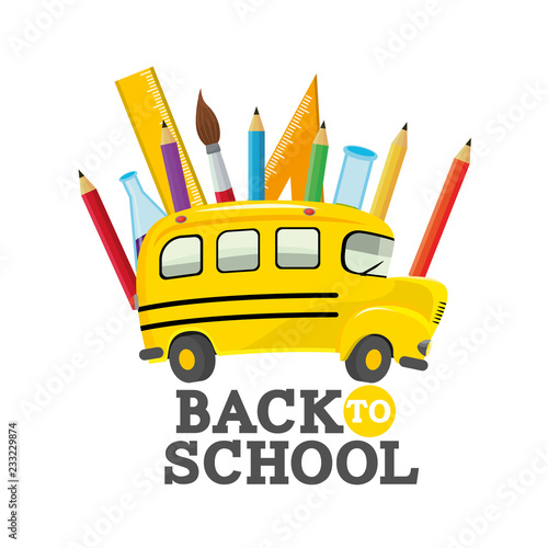 school bus with education utensils supplies
