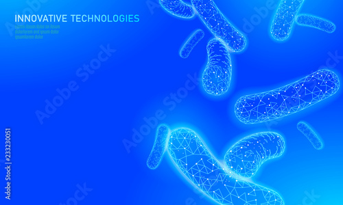 Bacteria 3D low poly render probiotics. Healthy normal digestion flora of human intestine yoghurt production. Modern science technology medicine allergy immunity thearment vector illustration
