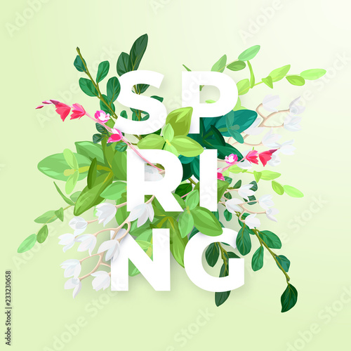 Floral spring design with white may flowers, green leaves, eucaliptus and succulents. Typography with 3D effect. Vector Illustration.