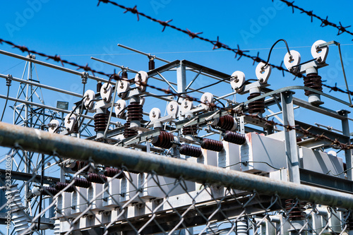 The electrical substation consisting of transformer for measurement of electric voltage, disconnect switch, circuit breaker, current transformer and lightning arrester.