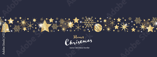 Christmas time. Dark blue and golden snowflake and star seamless border with bell and Christmas balls. Text : Merry Christmas 