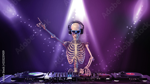 DJ Bones, human skeleton playing music on turntables, skeleton with disc jockey sound equipment, close up view, 3D rendering