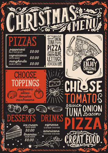 Christmas menu template for pizza restaurant on blackboard.