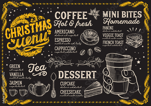 Christmas menu template for coffee shop on blackboard.