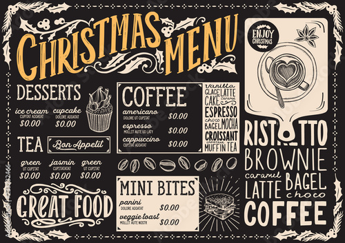 Christmas menu template for coffee shop on blackboard.