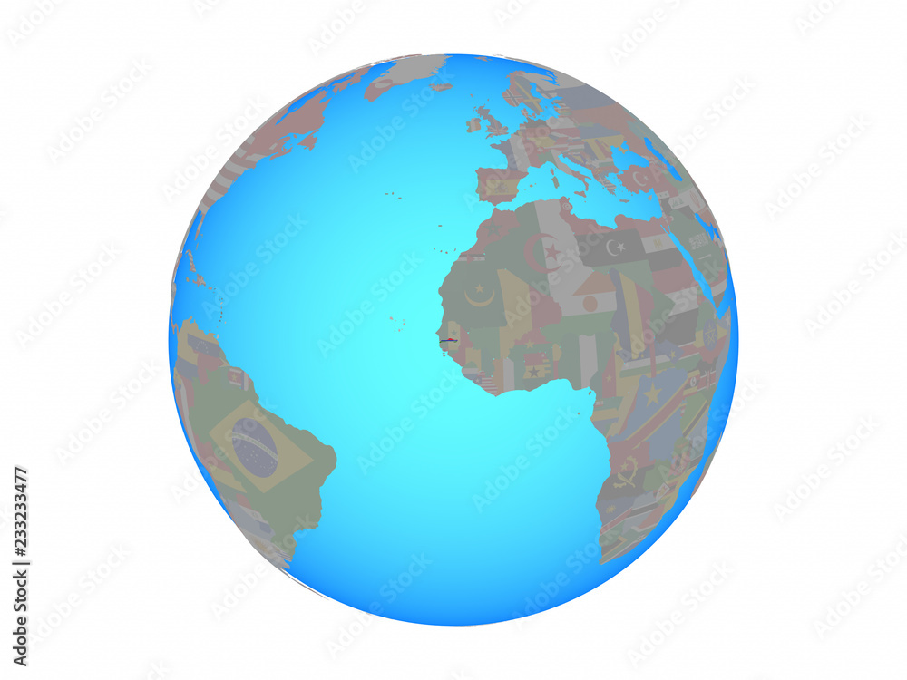 Gambia with national flag on blue political globe. 3D illustration isolated on white background. Gambia with national flag on blue political globe. 3D illustration isolated on white background.