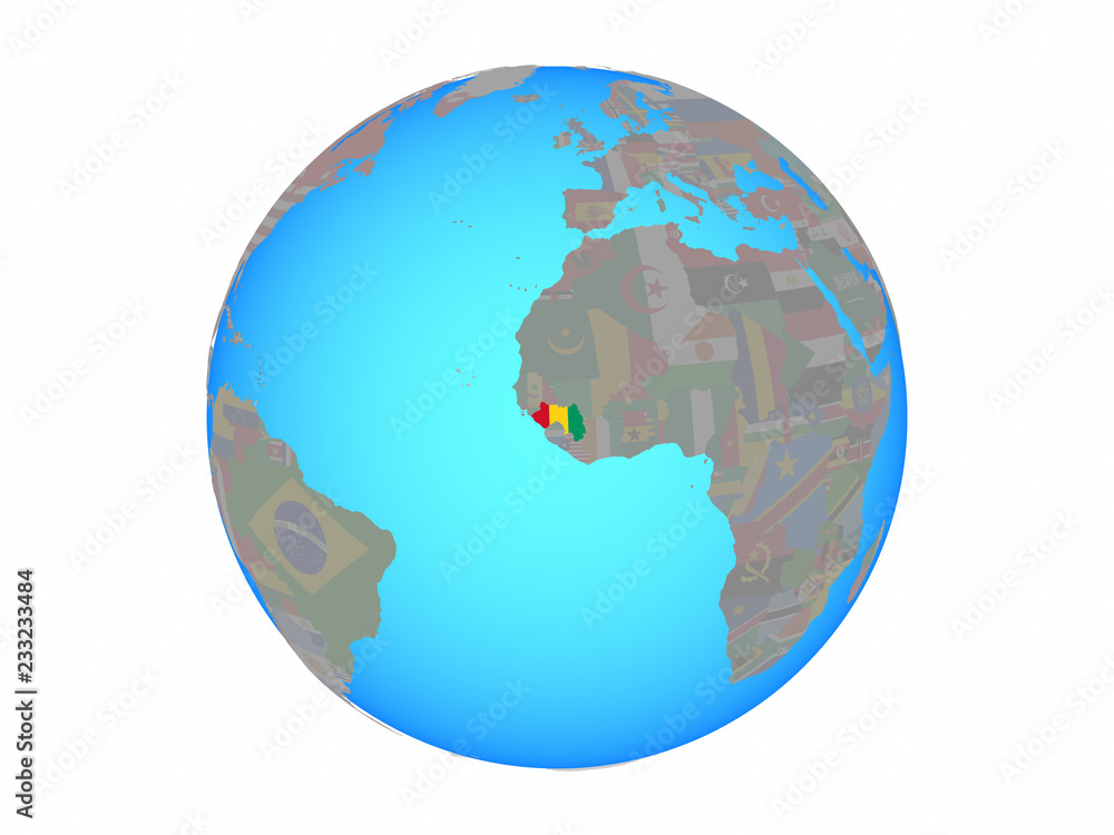 Guinea with national flag on blue political globe. 3D illustration isolated on white background. Guinea with national flag on blue political globe. 3D illustration isolated on white background.