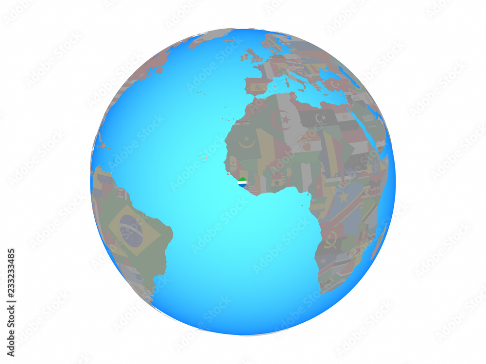 Fototapeta premium Sierra Leone with national flag on blue political globe. 3D illustration isolated on white background.
