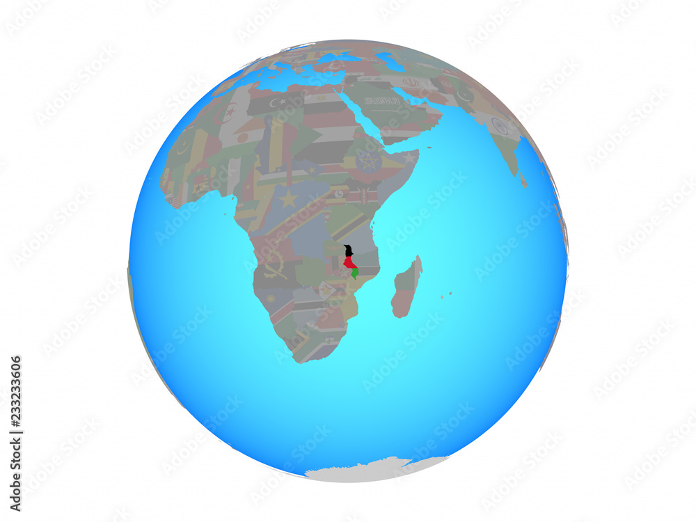 Malawi with national flag on blue political globe. 3D illustration isolated on white background.