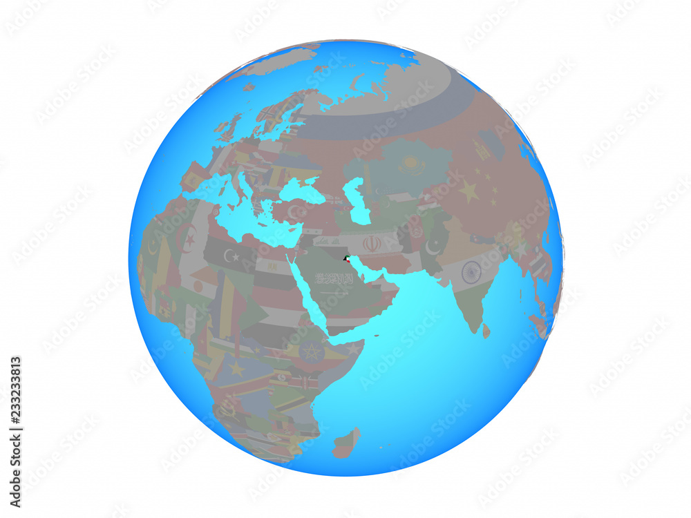 Kuwait with national flag on blue political globe. 3D illustration isolated on white background. Kuwait with national flag on blue political globe. 3D illustration isolated on white background.