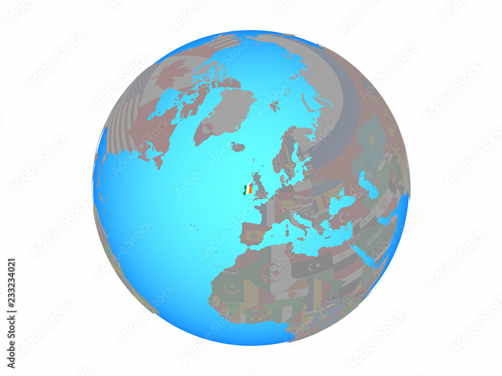 Naklejka premium Ireland with national flag on blue political globe. 3D illustration isolated on white background.