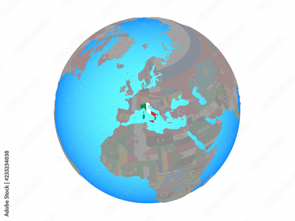 Naklejka premium Italy with national flag on blue political globe. 3D illustration isolated on white background.