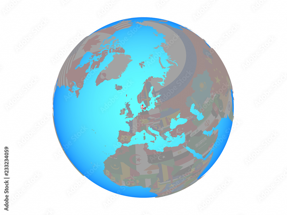 Denmark with national flag on blue political globe. 3D illustration isolated on white background. Denmark with national flag on blue political globe. 3D illustration isolated on white background.
