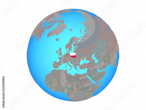 Poland with national flag on blue political globe. 3D illustration isolated on white background.
