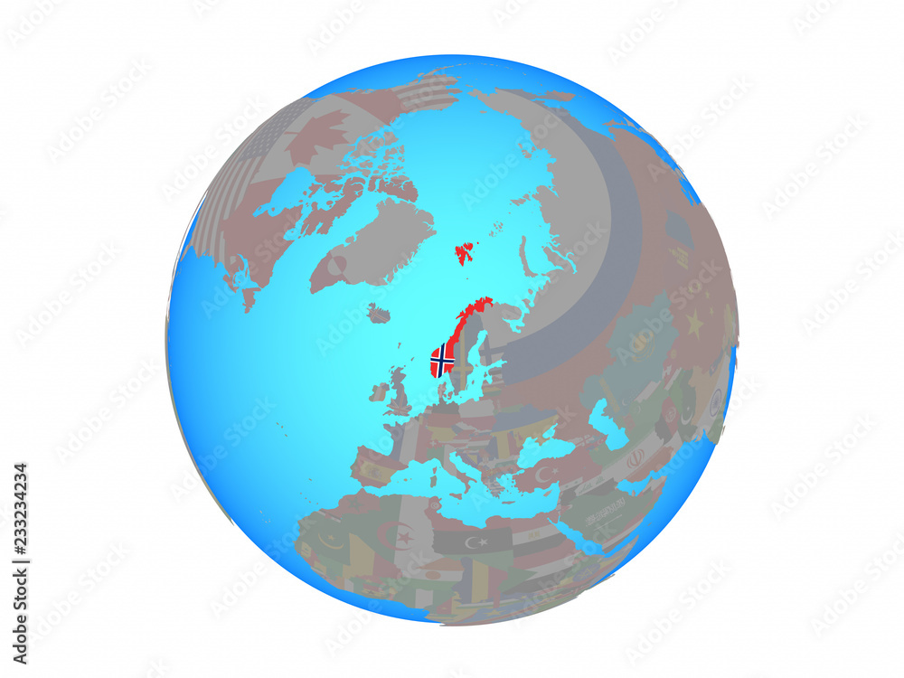 Norway with national flag on blue political globe. 3D illustration isolated on white background. Norway with national flag on blue political globe. 3D illustration isolated on white background.