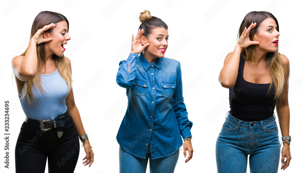 Fototapeta premium Collage of young beautiful woman over isolated background smiling with hand over ear listening an hearing to rumor or gossip. Deafness concept.