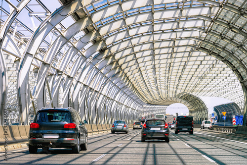 Car traffic at tunnel bridge in Warsaw in Poland