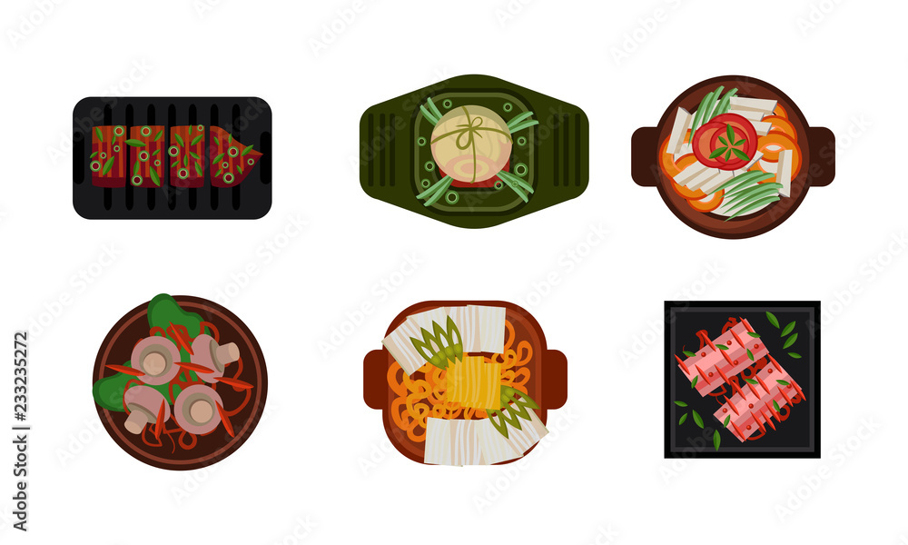 Collection of served food dishes, cooking and healthy eating concept, vegetarian dishes vector Illustration on a white background