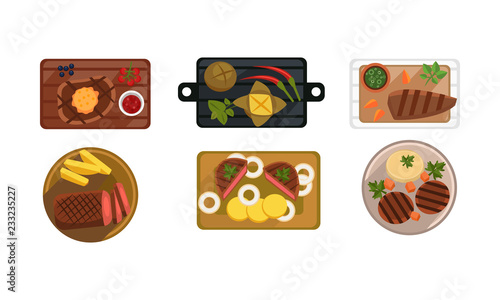 Collection of served food dishes, cooking and healthy eating concept, top view vector Illustration on a white background