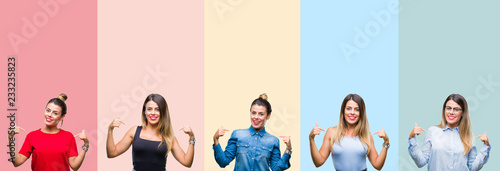 Collage of young beautiful woman over colorful stripes isolated background looking confident with smile on face, pointing oneself with fingers proud and happy.