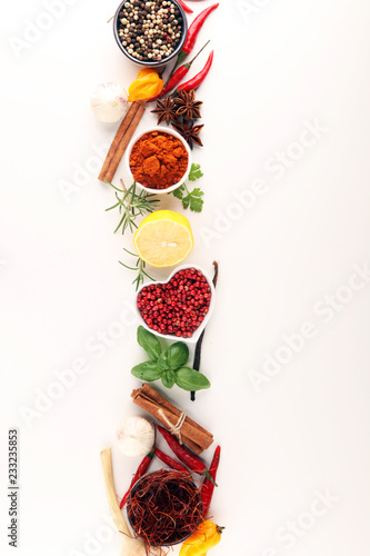 Spices and herbs on table. Food and cuisine ingredients.