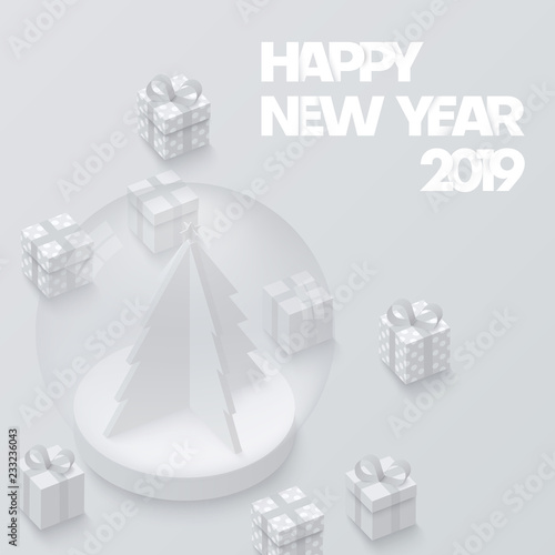 Grey Happy New Year 2019 card with 3d gifts.