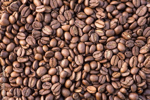 Coffee grains in the bottom of the image on a gently light background