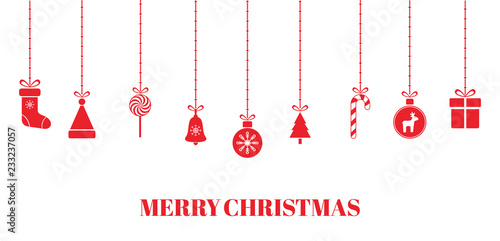 Christmas red baubles on transparent background. Bright xmas design with hanging christmas toys, gift box, Santa hat, reindeer, Christmas tree, sock, bell, snowflakes. Vector illustration