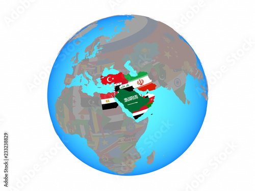Middle East with national flags on blue political globe. 3D illustration isolated on white background.
