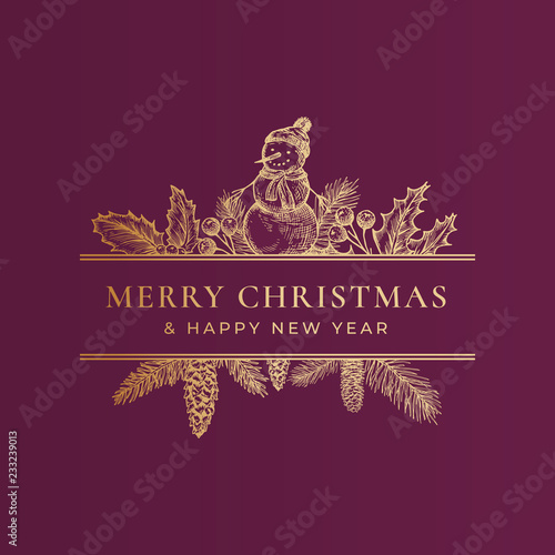Christmas Greeting Card or Label. Frame Banner with Vintage Typography and Hand Drawn Holiday Illustrations. Holly Leaves, Snowman and Strobile Branches. Golden Glitter Background Layout.