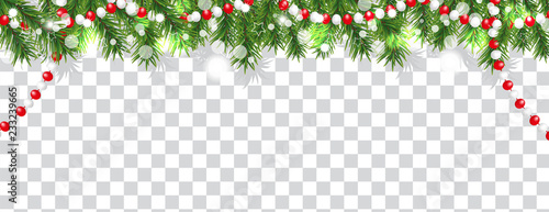 Christmas and happy New Year border of Christmas tree branches and beads on transparent background. Holidays decoration. Vector illustration.