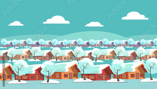Panoramic landscape of a suburban one-story village. Same houses are located in three rows. There is winter snow weather and snow-covered trees outside. Flat cartoon style vector illustration