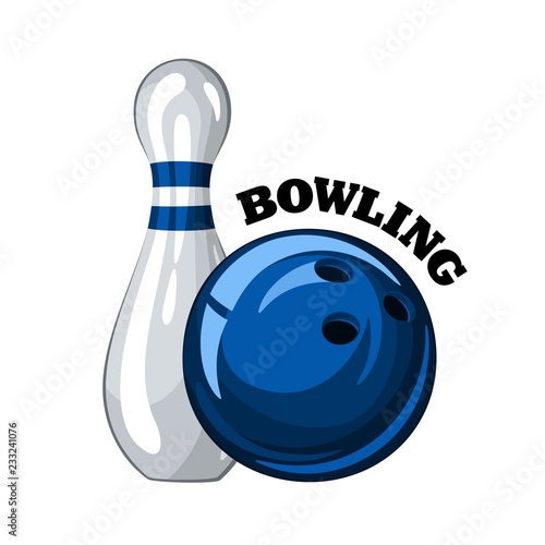 Vector illustration of bowling skittle and blue bowling ball with inscription, isolated on white background 1.1