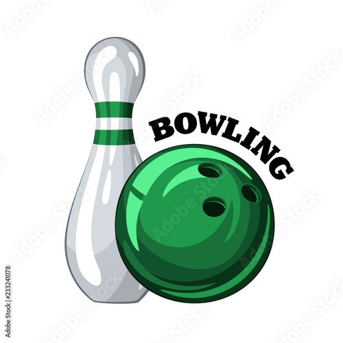 Vector illustration of bowling skittle and green bowling ball with inscription, isolated on white background 1.1
