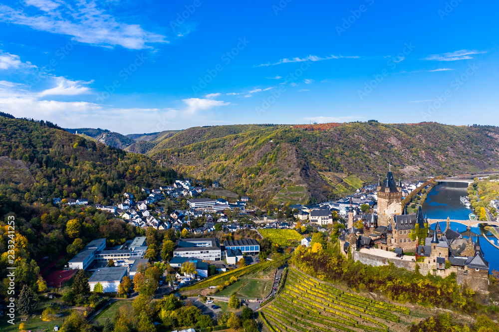 Aerial photograph, Cochem - Zell am Mosel with Reichsburg Cochem, Moselle, Cochem-Zell district, Rhineland-Palatinate, Germany Aerial photograph, Cochem - Zell am Mosel with Reichsburg Cochem, Moselle, Cochem-Zell district, Rhineland-Palatinate, Germany