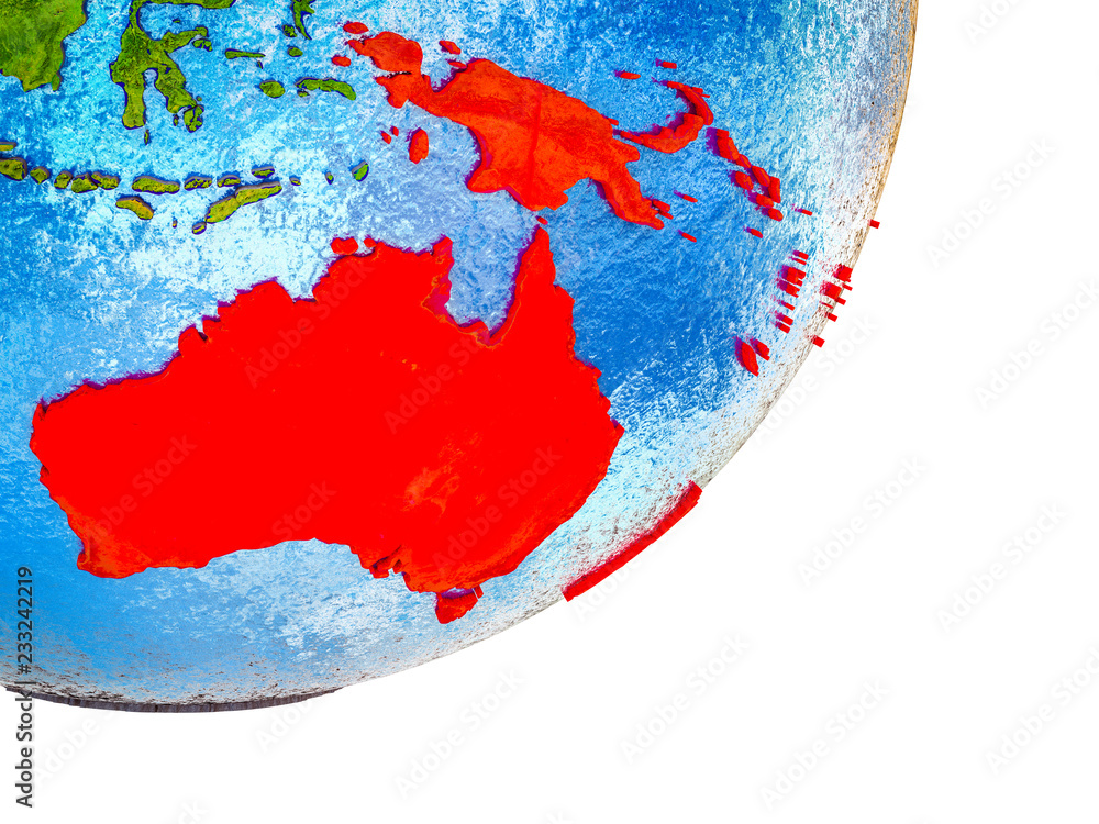 Australia on 3D model of Earth with water and divided countries.