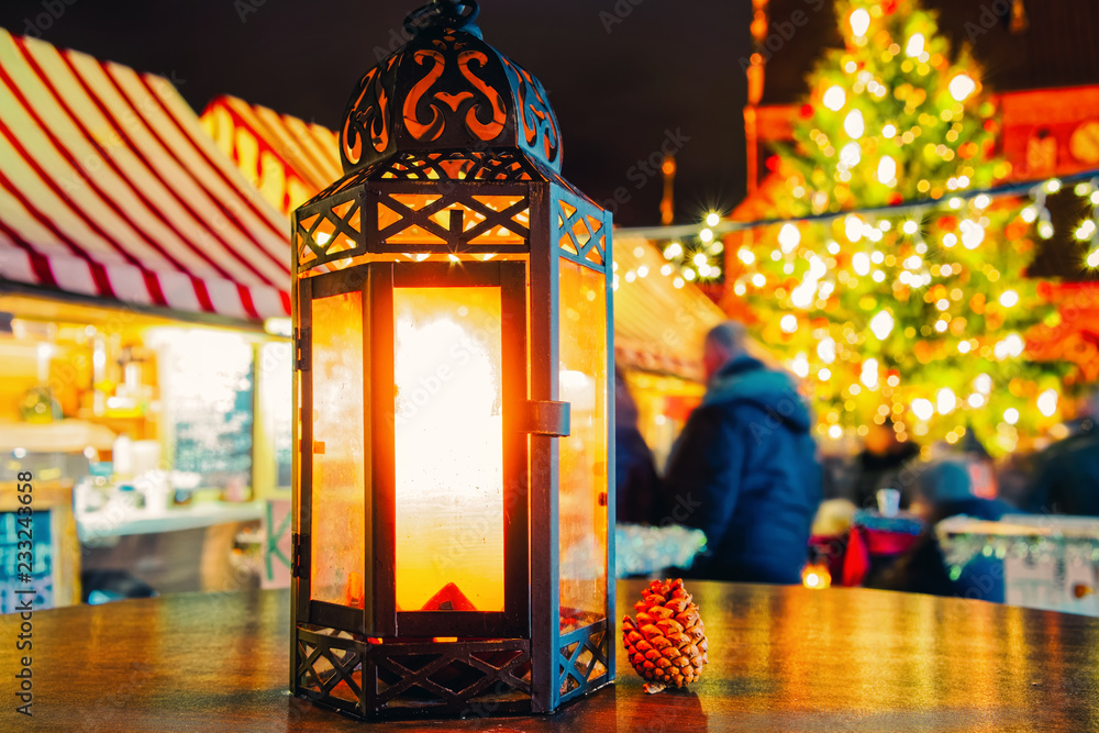 Street lamp Christmas market in night Riga