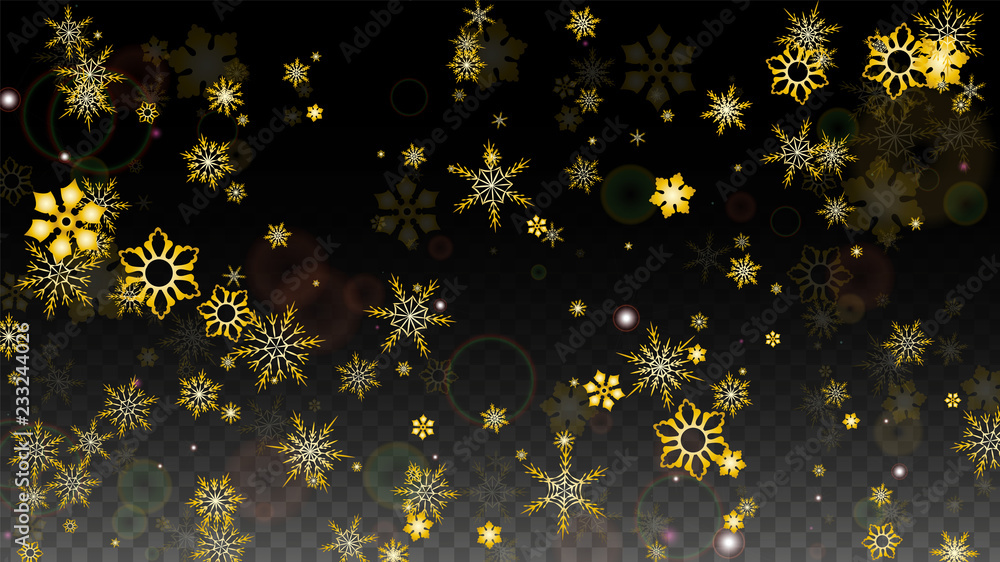 Christmas  Vector Background with Gold Falling Snowflakes Isolated on Transparent Background. Realistic Snow Sparkle Pattern. Snowfall Overlay Print. Winter Sky. Design for Party Invitation.