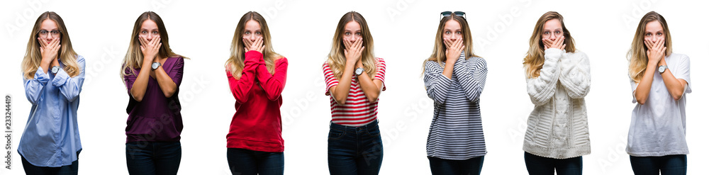 Collage of young beautiful blonde woman over isolated background shocked covering mouth with hands for mistake. Secret concept. Collage of young beautiful blonde woman over isolated background shocked covering mouth with hands for mistake. Secret concept.