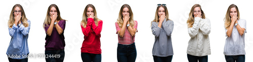 Collage of young beautiful blonde woman over isolated background shocked covering mouth with hands for mistake. Secret concept.