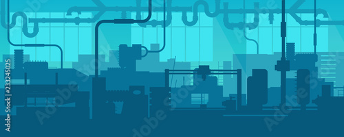 Creative vector illustration of factory line manufacturing industrial plant scen interior background. Art design the silhouette of the industry 4.0 zone template. Abstract concept graphic element