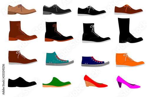  shoes of set.Collection of various types of shoes on white background