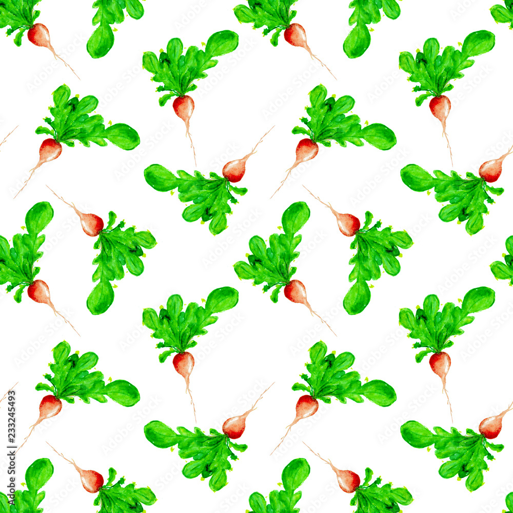 Obraz premium Watercolor Vegan Pattern. Seamless Hand Drawn Vegetables. Healthy Food Print. Gardening Background. Greenery Repeatable Design for Menu, Restaurant, Salat Bar, Farmers Market. Redish. Vegetarian.