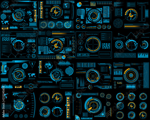 Creative vector illustration of HUD interface elements set, infographics Sci Fi isolated on transparent futuristic background. Art design template. Abstract future concept science virtual graphic
