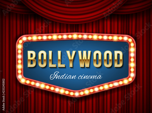 Creative vector illustration of bollywood cinema background. Art design indian movie, cinematography, theater banner or poster template. Abstract concept graphic film board element on red curtains