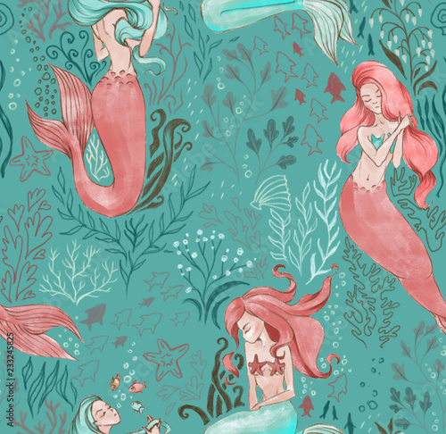 Hand-drawn seamless pattern of beautiful mermaid character and underwater sea illustration. Repeated background