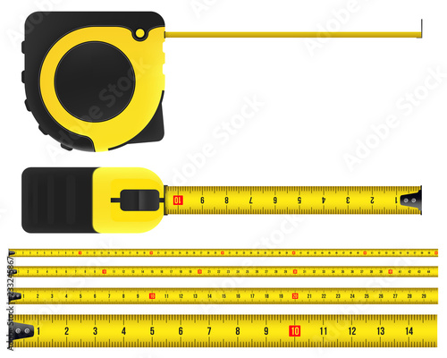 Creative vector illustration of tape measure, measuring tool, ruler, meter isolated on transparent background. Art design roulette template. Abstract concept graphic element photo