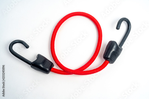 Bungee Cords with Coated Black Plastic Hooks and Red Braided Elastic photo